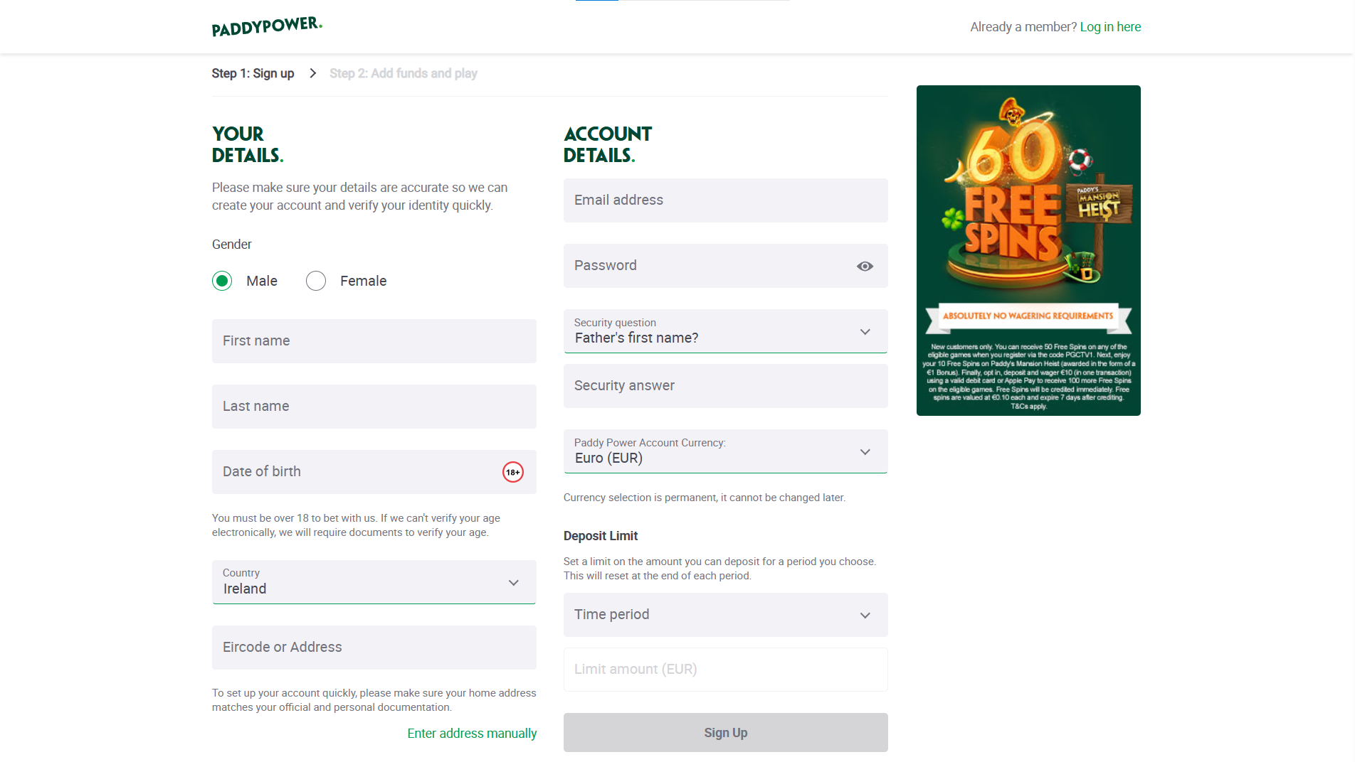 Step-by-step guide for the registration process in PaddyPower Ireland