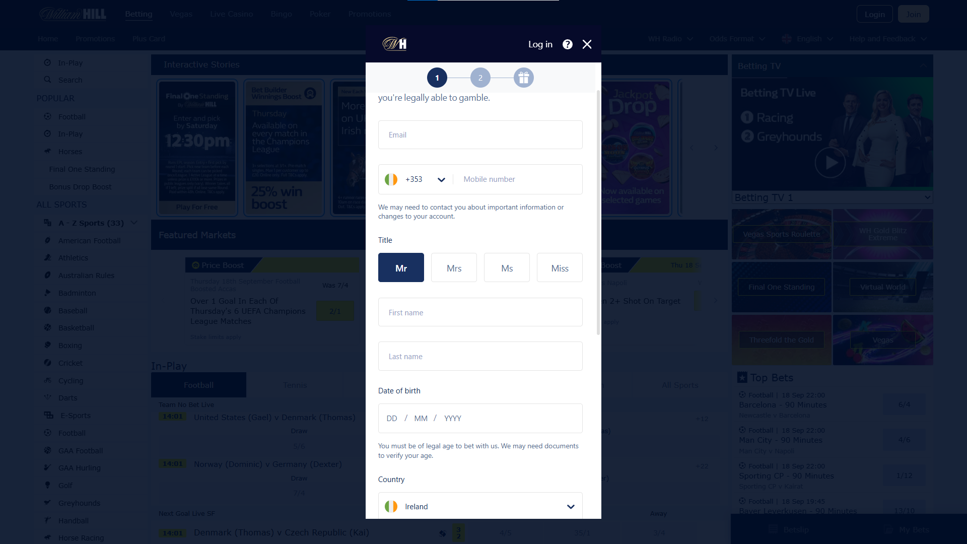 Step-by-step guide for the registration process in William Hill Ireland